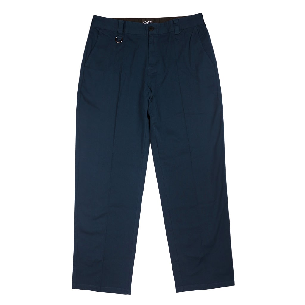 A pair of dark navy blue trousers shown flat against a solid white background.
