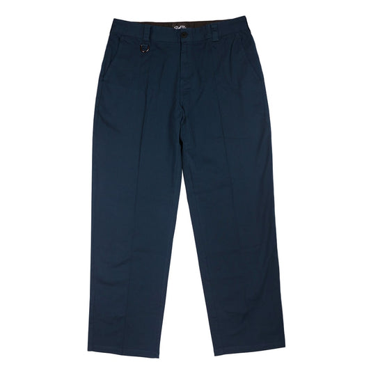 A pair of dark navy blue trousers shown flat against a solid white background.