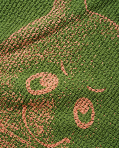 Close-up of a textured green surface with pink patterns