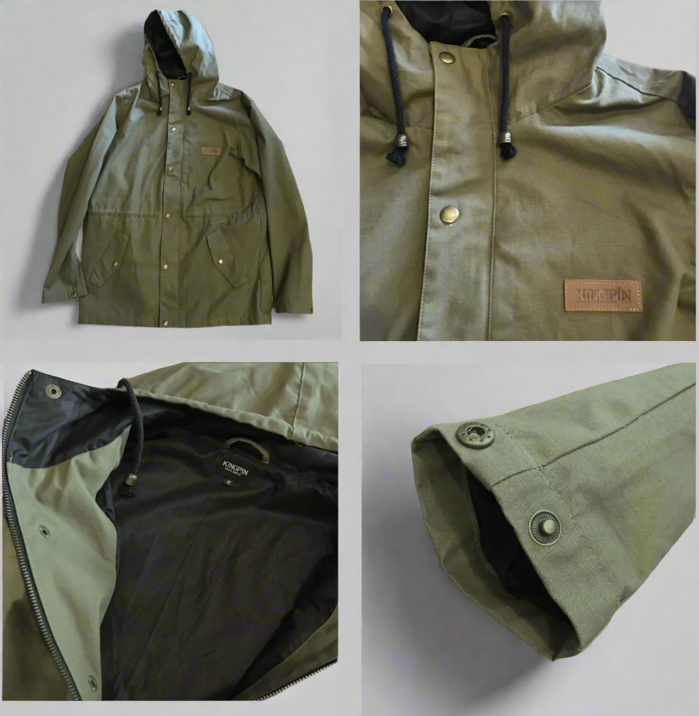 Kingpin Skate Supply Utility Jacket Green Heavy Cotton Drill Zip Up Button Hood