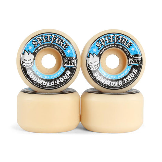 Four Spitfire Formula Four conical full f4 54mm 99d performance skateboard wheels stacked in pairs, showing the blue, black, and white branded wheel faces on a white background.