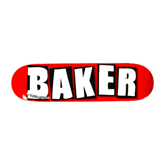 Baker skateboard deck with red background and white text