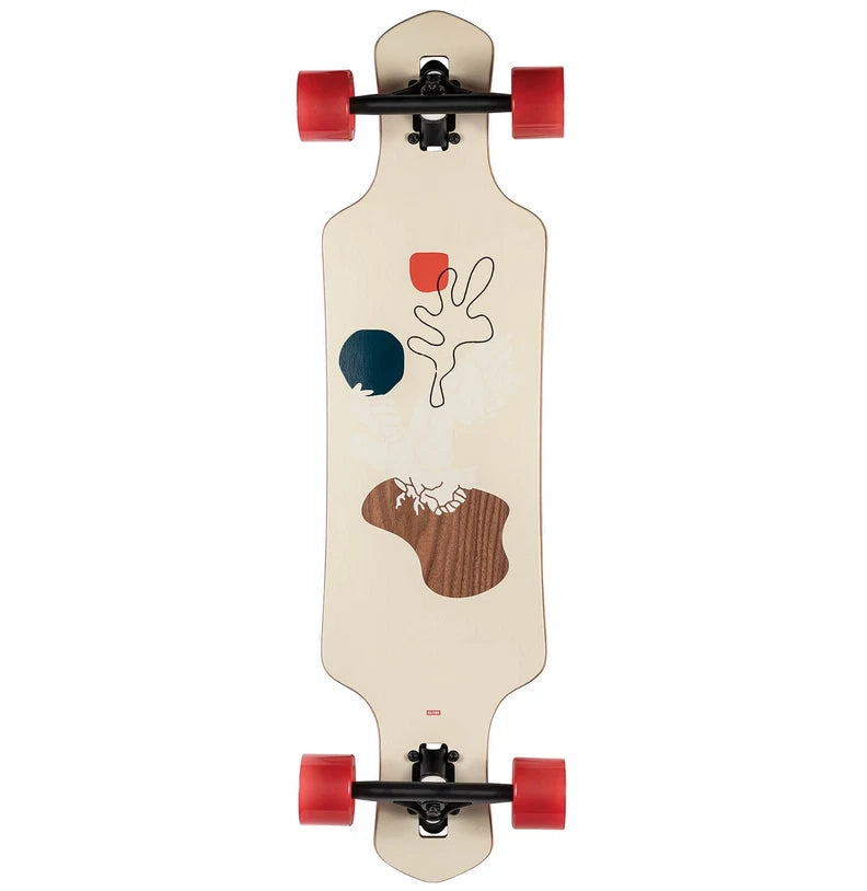 Underside view of a cream-colored longboard deck featuring abstract teal, red, and brown organic graphics with matte black