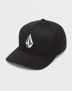 Black cap with a white logo on a light gray background