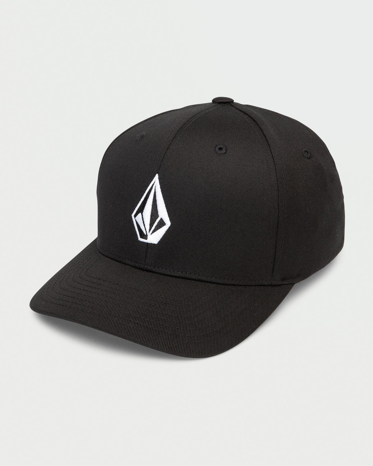 Black cap with a white logo on a light gray background