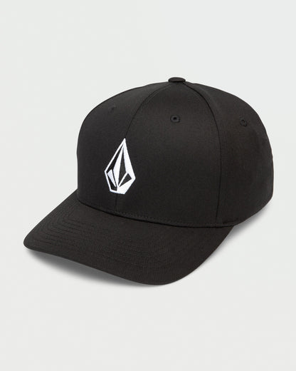Black cap with a white logo on a light gray background