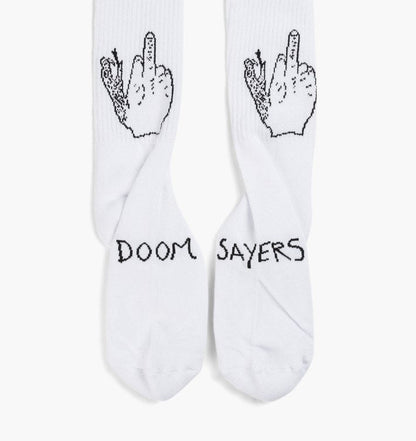 Doom Sayers Club Socks Middle Finger White Black Size 7 11 Crew Skateboard Sox