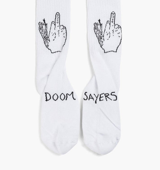 Doom Sayers Club Socks Middle Finger White Black Size 7 11 Crew Skateboard Sox