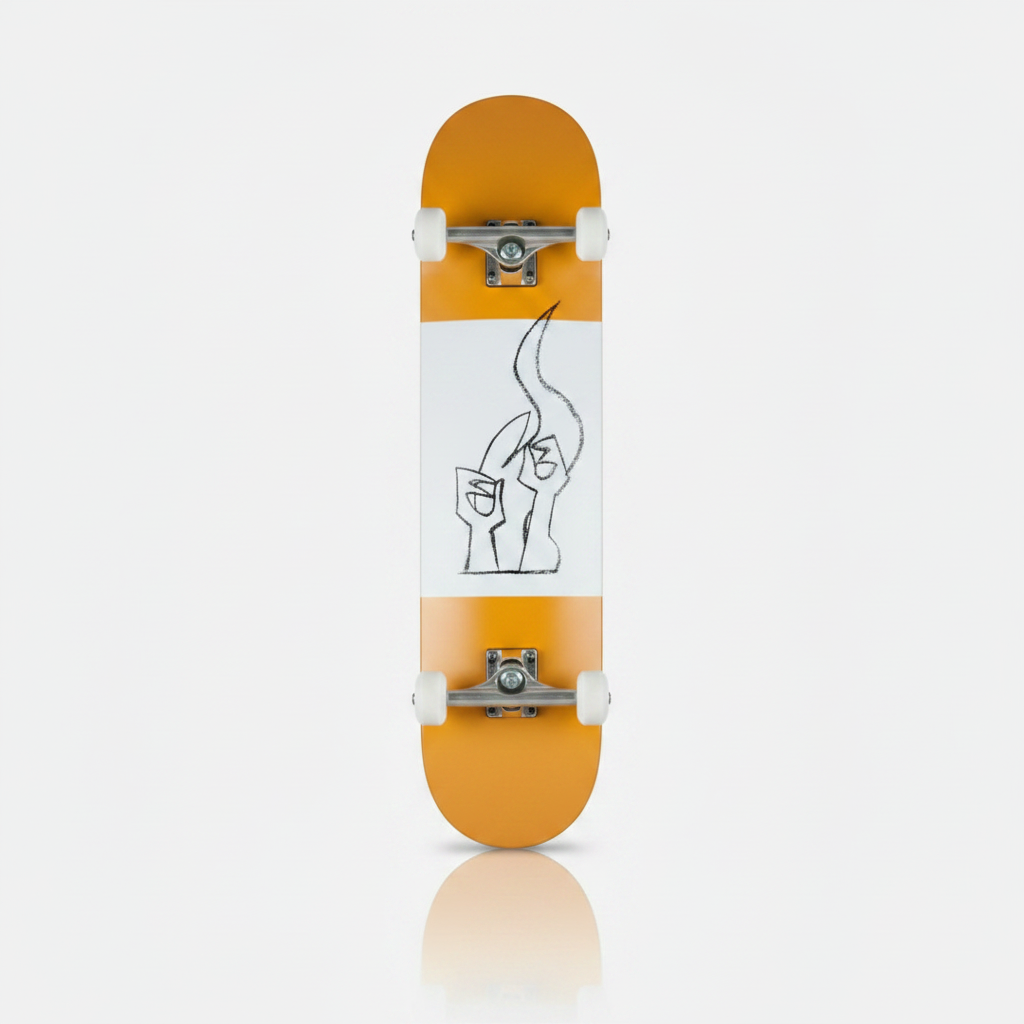 Two skateboards, one black and one orange with a graphic design, on a white background.