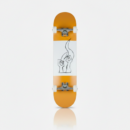 Two skateboards, one black and one orange with a graphic design, on a white background.