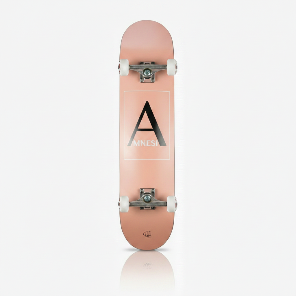 Skateboard with a visible amnesia brand logo on a white background