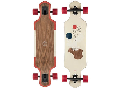 Top and bottom views of a Globe Geminon cruiser skateboard showing wood grain deck, red grip tape, and black drop-through