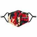 A fabric face mask with a red, beige, and dark green camouflage pattern, featuring the text 'KINGPIN' printed in white across the right side. The mask has black elastic ear loops and is photographed flat against a solid white background.