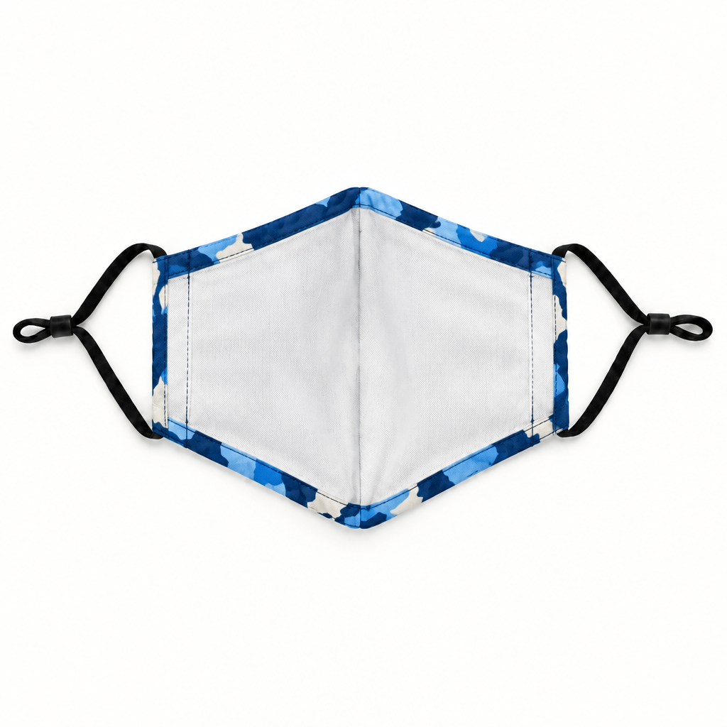 A reusable cloth face mask with a blue and white abstract patterned border, a white center panel, and black elastic ear loops, shown flat against a white background.