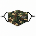 A camouflage face mask with black ear loops and the brand name 'KINGPIN' printed in white on the front, shown against a plain white background.