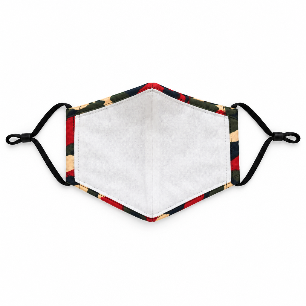 A hexagonal face mask with a white front panel and a multicolor patterned border featuring red, green, black, and beige blocks, with black elastic ear loops, shown on a plain white background.