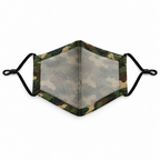 A tactical face mask with a green, brown, and gray camouflage pattern on the outer fabric and a solid light gray fabric lining, featuring black elastic ear loops on a white background.