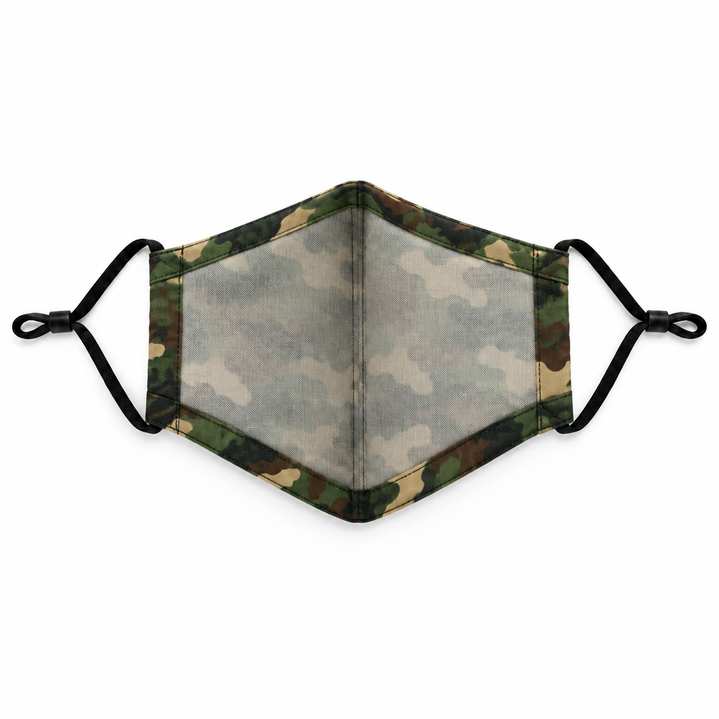 A tactical face mask with a green, brown, and gray camouflage pattern on the outer fabric and a solid light gray fabric lining, featuring black elastic ear loops on a white background.