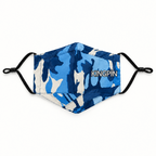 A blue and white camouflage face mask with black elastic ear loops and the brand name 'KINGPIN' printed in white on the front, shown against a plain white background.