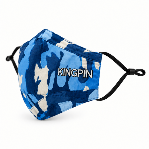 A blue and white camouflage face mask with the brand name 'KINGPIN' printed in white with a black outline on the front, featuring black elastic ear loops, set against a plain white background.