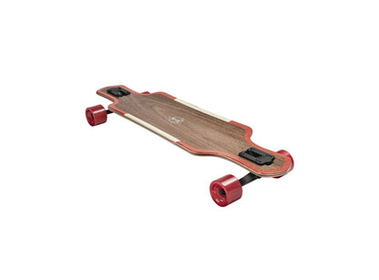Isometric view of a complete cruiser board showcasing the natural wood grain top deck, red grip tape border, and vibrant red