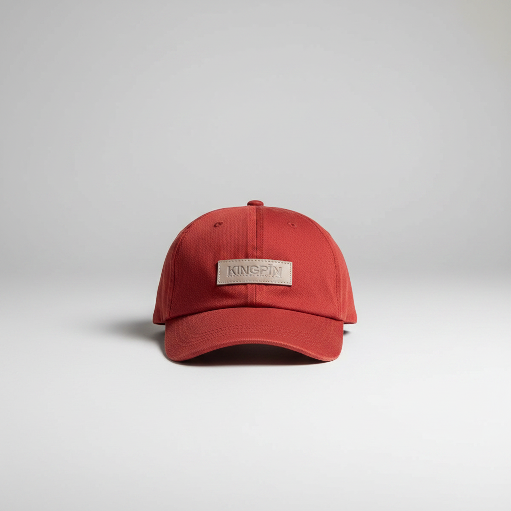 Kingpin Skate Supply Cap Box Patch Ruby Red Jockey Snapback