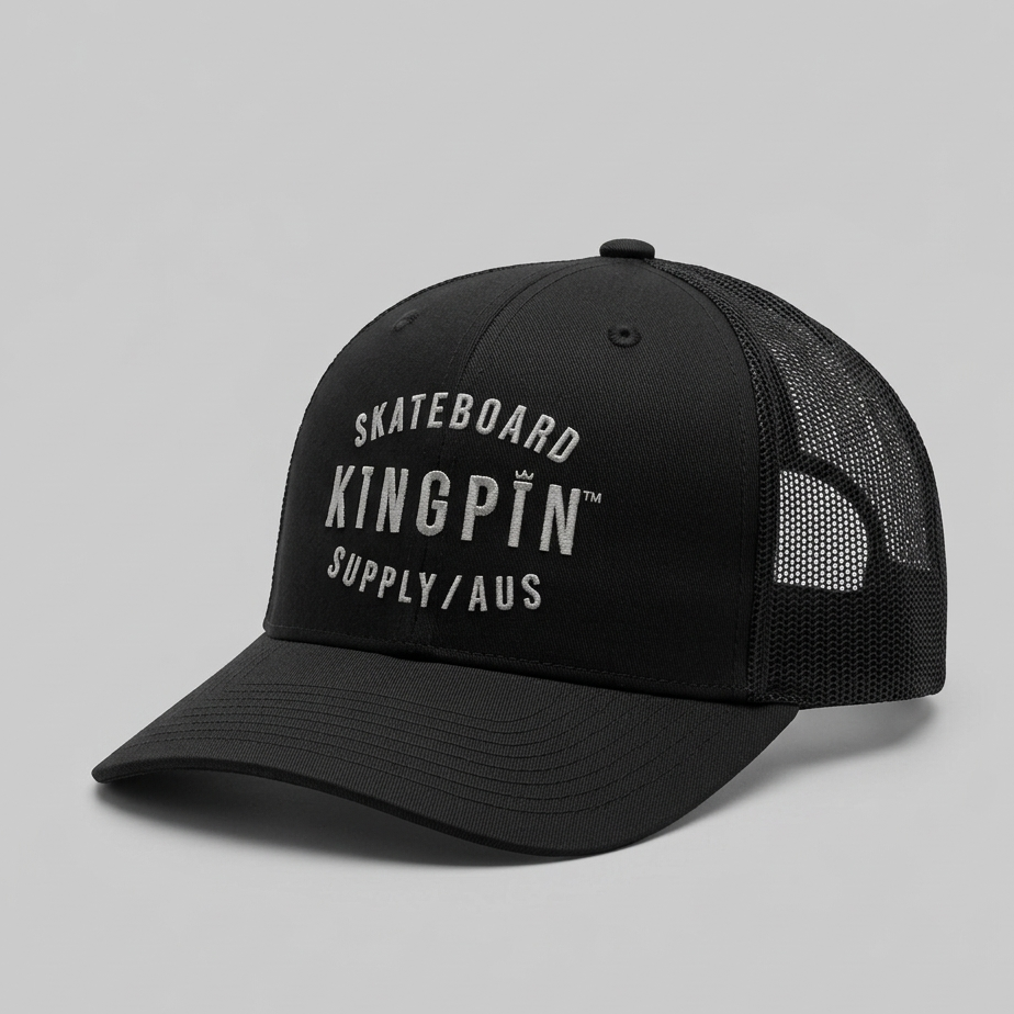 Kingpin Skate Supply Cap Mesh Trucker Retro Black Hat