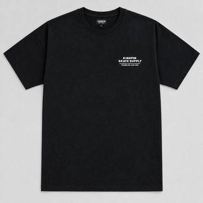 A black short-sleeve crewneck t-shirt with white text on the left chest reading 'KINGPIN SKATE SUPPLY' and 'Bellingham, ME based brand', displayed flat against a light gray background.