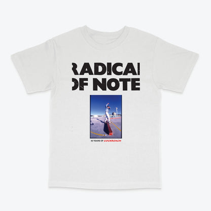 A white short-sleeve crewneck t-shirt featuring a black graphic print that reads 'RADICAL OF NOTE' above a square photo of a person skateboarding on a ramp, with '40 YEARS OF CORKINBOYZ' printed below.