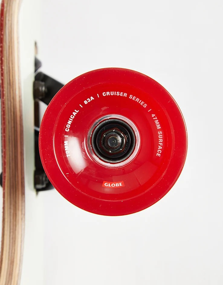 Extreme close-up of a glossy red conical cruiser wheel displaying white text specifications and the Globe logo in a red