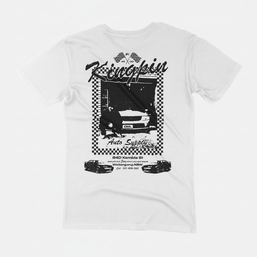 Kingpin Skate Supply Box Tee Shirt White/Black - Yell Joey Print. Back view.