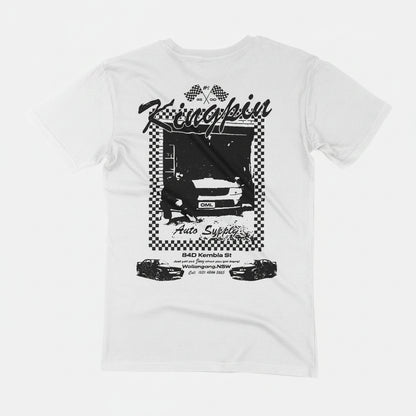 Kingpin Skate Supply Box Tee Shirt White/Black - Yell Joey Print. Back view.
