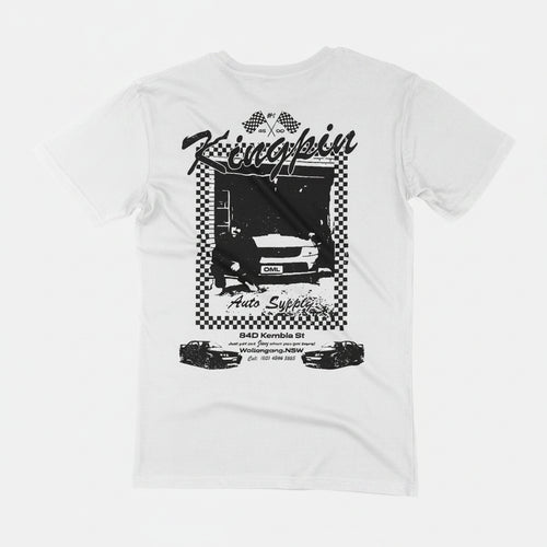 Kingpin Skate Supply Box Tee Shirt White/Black - Yell Joey Print. Back view.