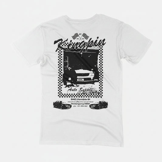 Kingpin Skate Supply Box Tee Shirt White/Black - Yell Joey Print. Back view.