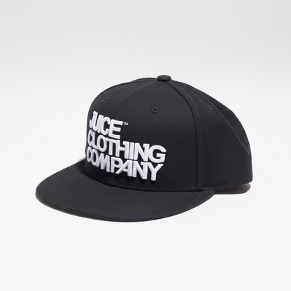 A black flat-brim snapback cap featuring the text 'JUICE CLOTHING COMPANY' in bold white letters on the front, set against a clean white background.