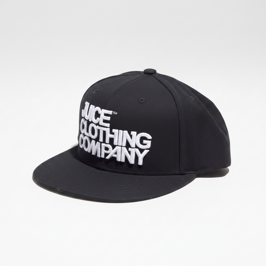 A black flat-brim snapback cap featuring the text 'JUICE CLOTHING COMPANY' in bold white letters on the front, set against a clean white background.