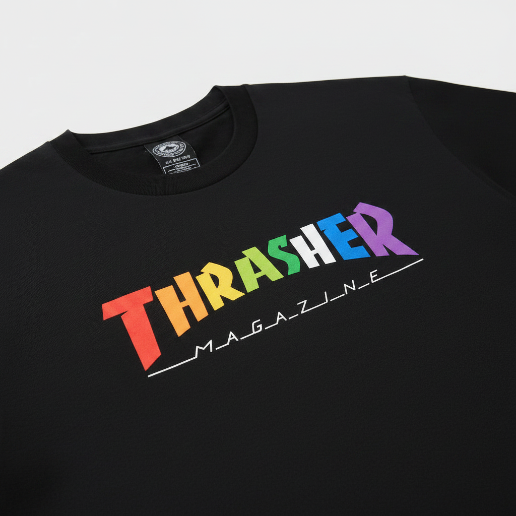 A close-up of a black Thrasher Magazine crewneck t-shirt featuring the brand's name printed across the chest in a vibrant rainbow gradient.