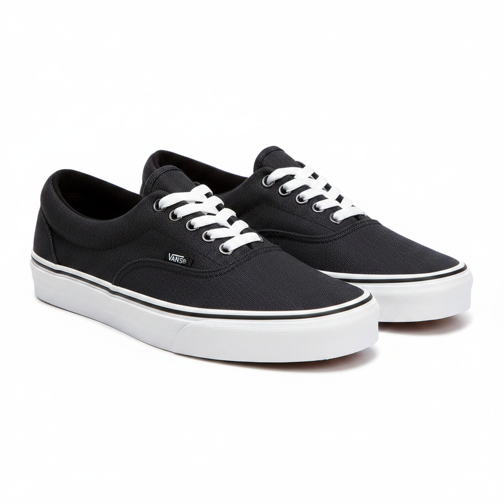 A pair of black Vans Classic Era sneakers with white laces and white rubber soles, shown on a clean white background.