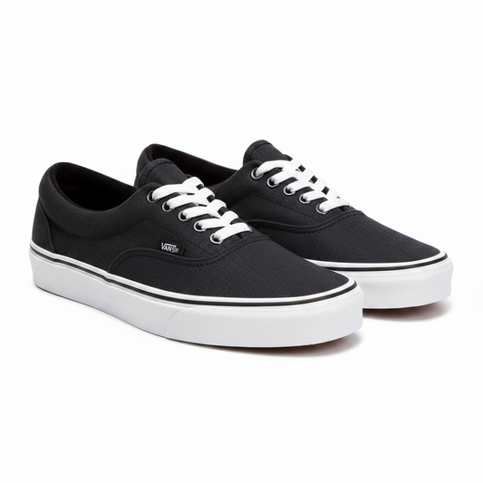 A pair of black Vans Classic Era sneakers with white laces and white rubber soles, shown on a clean white background.