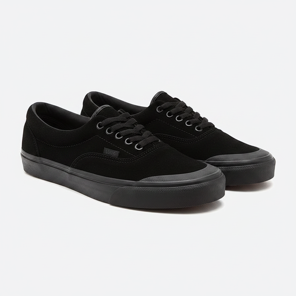 A pair of black suede low-top sneakers with black laces, black rubber toe caps, and black Vans side tabs, displayed on a clean white background.