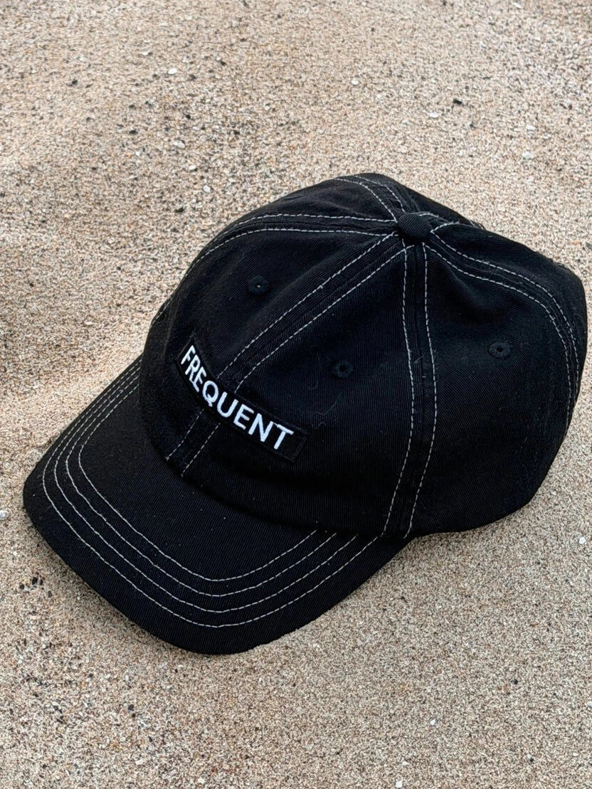 Frequent Sightings - Logo 6 Panel Cap Strap Back Black / White stitch hat