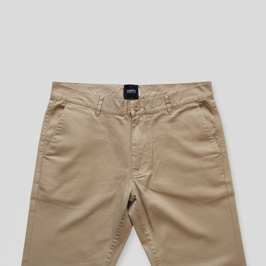 A close-up of a pair of Kingpin khaki pants laid flat on a light wood floor, showing the waistband, button, belt loops, and front pocket.