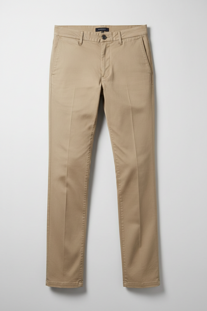 A pair of kingpin slim-fit chino pants in a light tan or khaki color, shown flat against a light gray background.