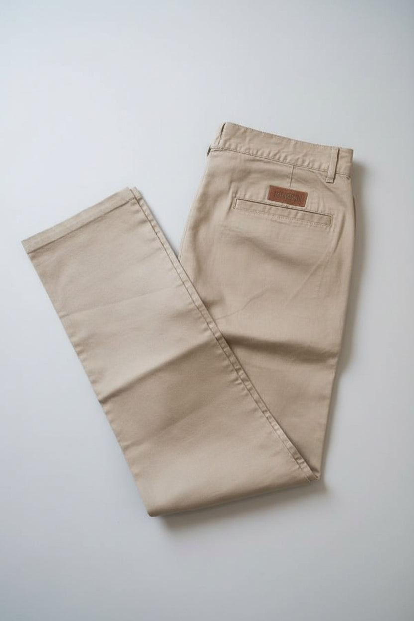A pair of light khaki chino pants folded in the shape of a V on a light wood floor, showing the back pocket with a Leather patch stamped KINGPIN above it and below the waistband.