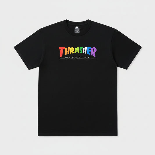THRASHER Rainbow tee Short Sleeve T-Shirt BLACK multi colour logo tshirt