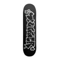 A black skateboard deck featuring a large white graffiti-style graphic of the word 'slugger' outlined in black, shown against a plain white background.