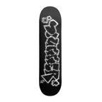 A black skateboard deck featuring a large white graffiti-style graphic of the word 'slugger' outlined in black, shown against a plain white background.