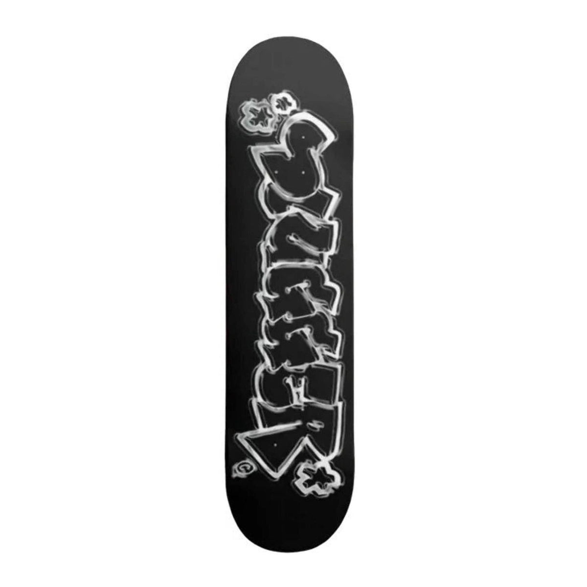 A black skateboard deck featuring a large white graffiti-style graphic of the word 'slugger' outlined in black, shown against a plain white background.