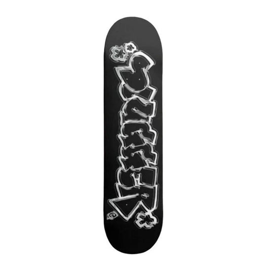 A black skateboard deck featuring a large white graffiti-style graphic of the word 'slugger' outlined in black, shown against a plain white background.