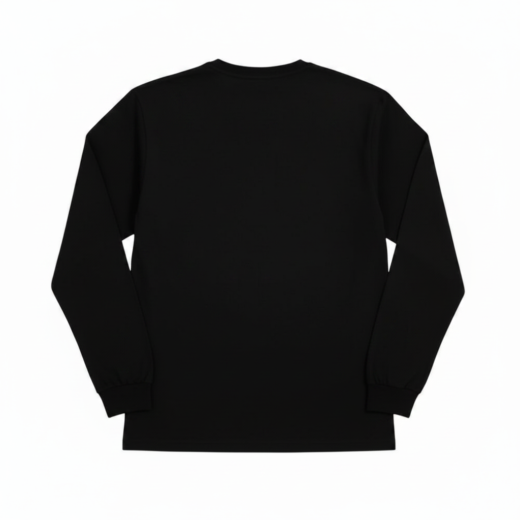 A zero skateboards black long-sleeve crewneck sweatshirt shown from the back, laid flat against a solid white background.